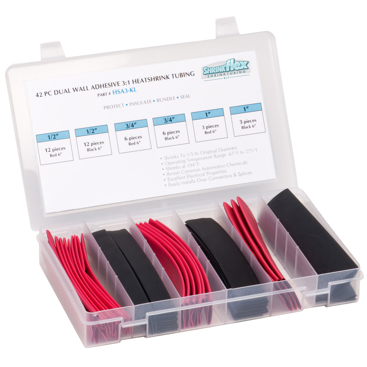 HSA3-KL - Shrinkflex® 3:1 Large Diameter Adhesive Lined Heatshrink Tubing Kit - 42 Pieces - 6" Cuts - 3 Sizes - Red/Black