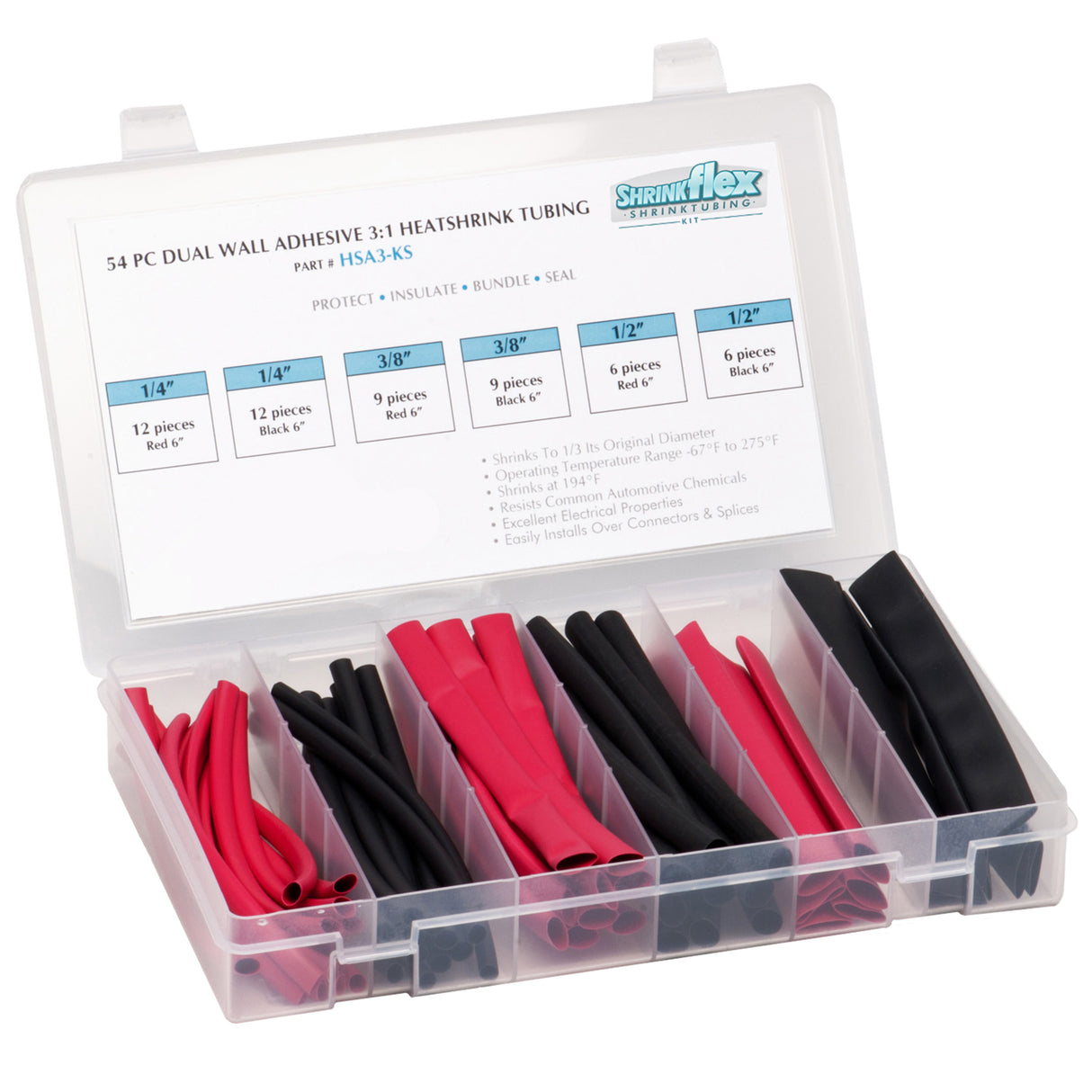 HSA3-KS - Shrinkflex® 3:1 Small Diameter Adhesive Lined Heatshrink Tubing Kit - 54 Pieces - 6" Cuts - 3 Sizes - Red/Black