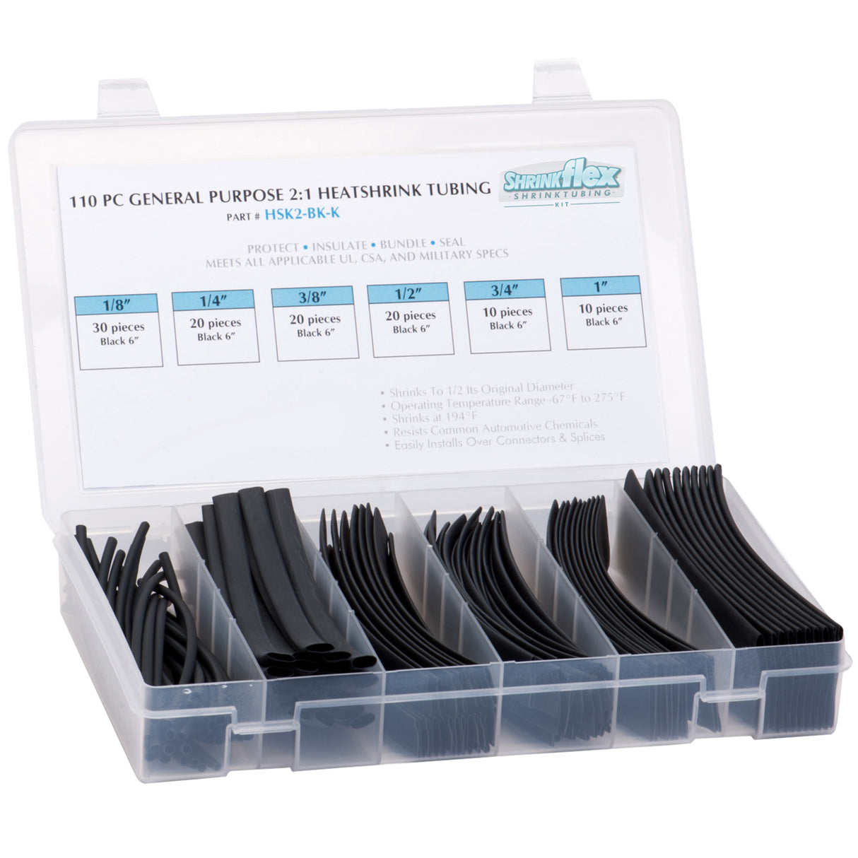 HSK2-BK-K - Shrinkflex® 2:1 Heatshrink Tubing Kit - 110 Pieces - 6" Cuts - 6 Sizes - Black