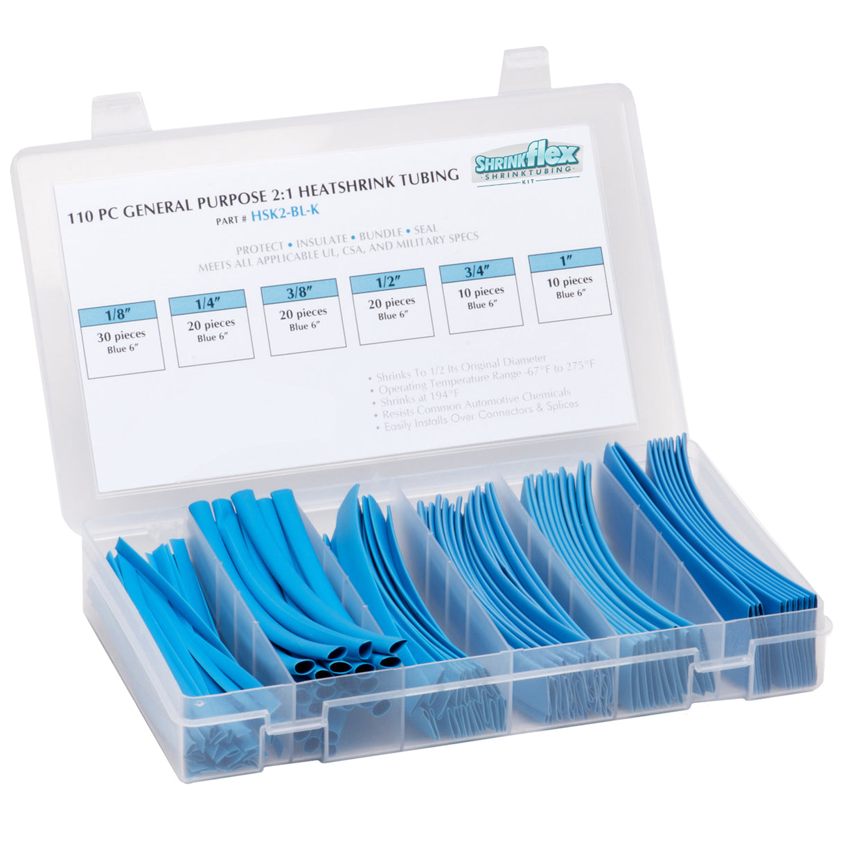 HSK2-BL-K - Shrinkflex® 2:1 Heatshrink Tubing Kit - 110 Pieces - 6" Cuts - 6 Sizes - Blue