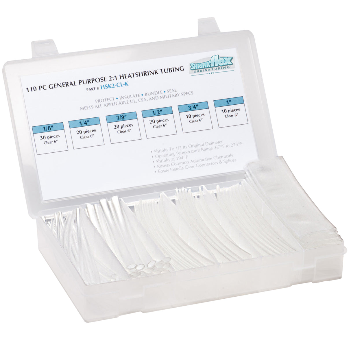 HSK2-CL-K - Shrinkflex® 2:1 Heatshrink Tubing Kit - 110 Pieces - 6" Cuts - 6 Sizes - Clear