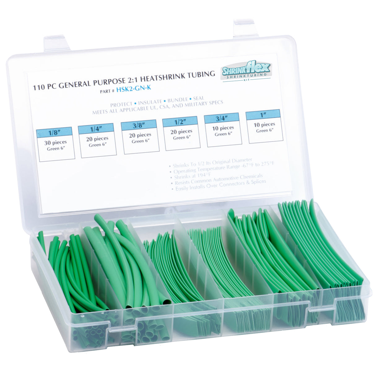 HSK2-GN-K - Shrinkflex® 2:1 Heatshrink Tubing Kit - 110 Pieces - 6" Cuts - 6 Sizes - Green