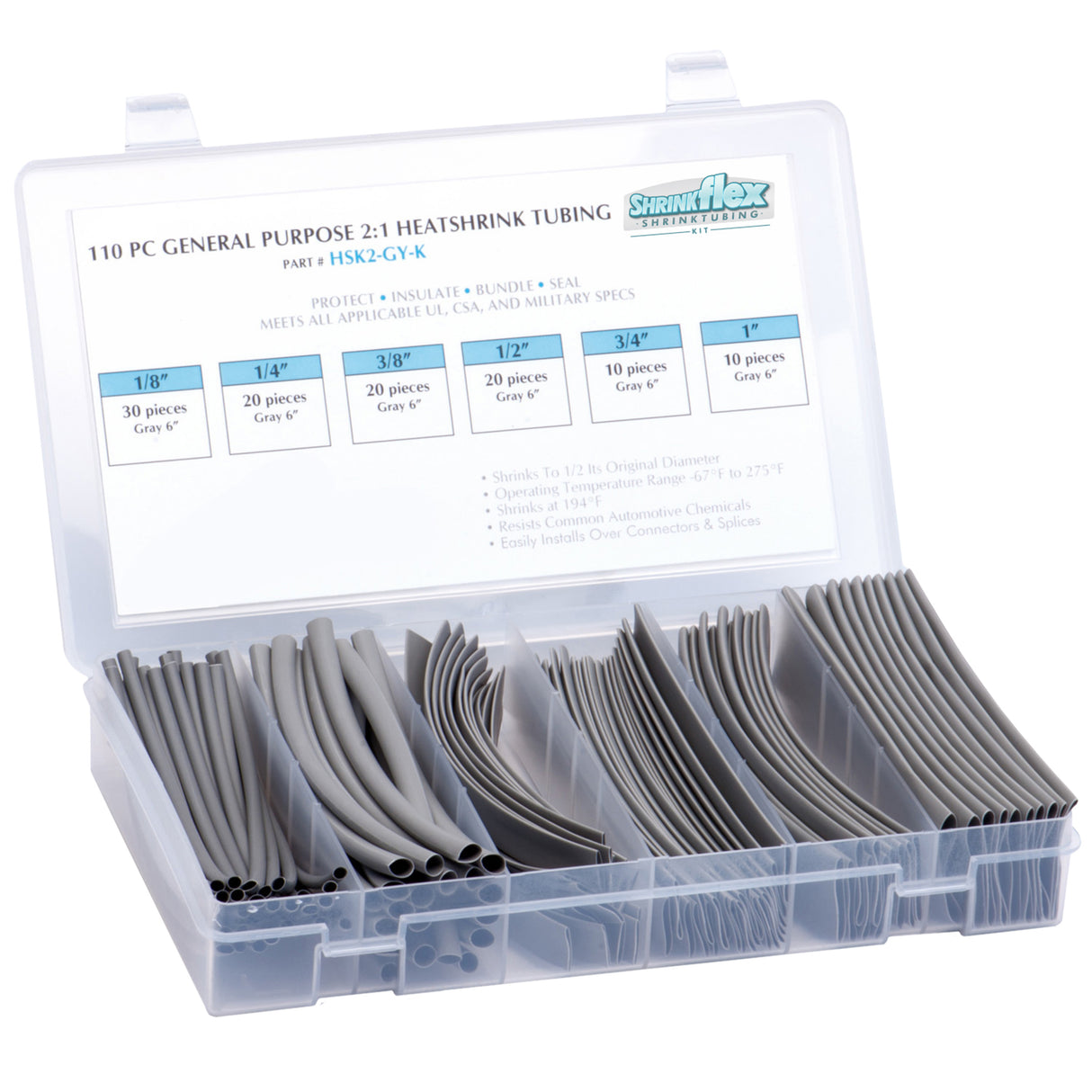 HSK2-GY-K - Shrinkflex® 2:1 Heatshrink Tubing Kit - 110 Pieces - 6" Cuts - 6 Sizes - Gray