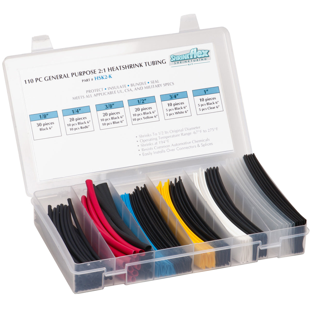 HSK2-K - Shrinkflex® 2:1 Heatshrink Tubing Kit - 110 Pieces - 6" Cuts - 6 Sizes - Multicolored