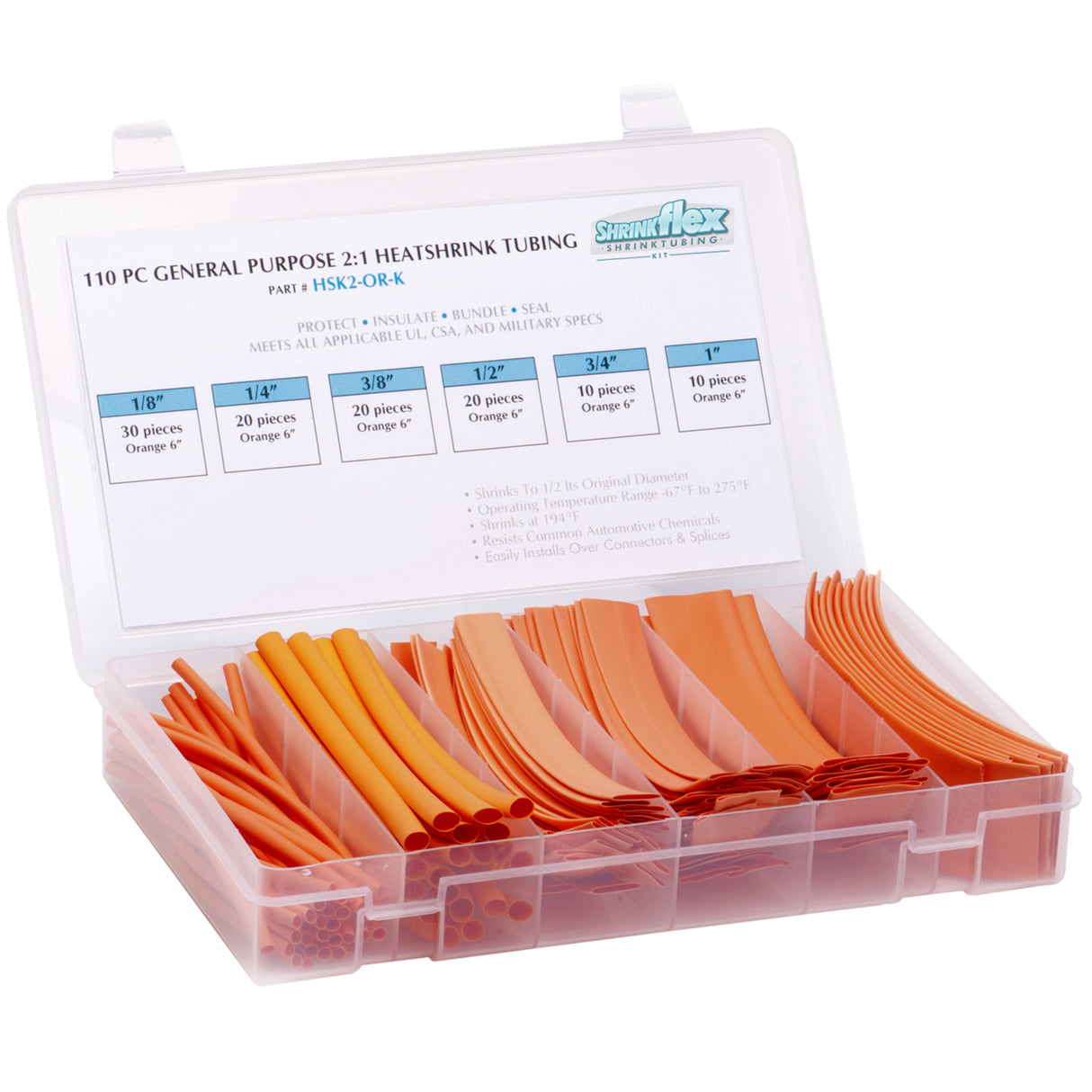 HSK2-OR-K - Shrinkflex® 2:1 Heatshrink Tubing Kit - 110 Pieces - 6" Cuts - 6 Sizes - Orange