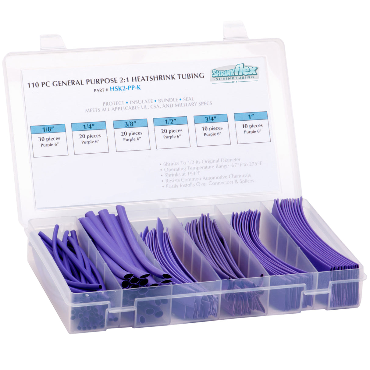 HSK2-PP-K - Shrinkflex® 2:1 Heatshrink Tubing Kit - 110 Pieces - 6" Cuts - 6 Sizes - Purple