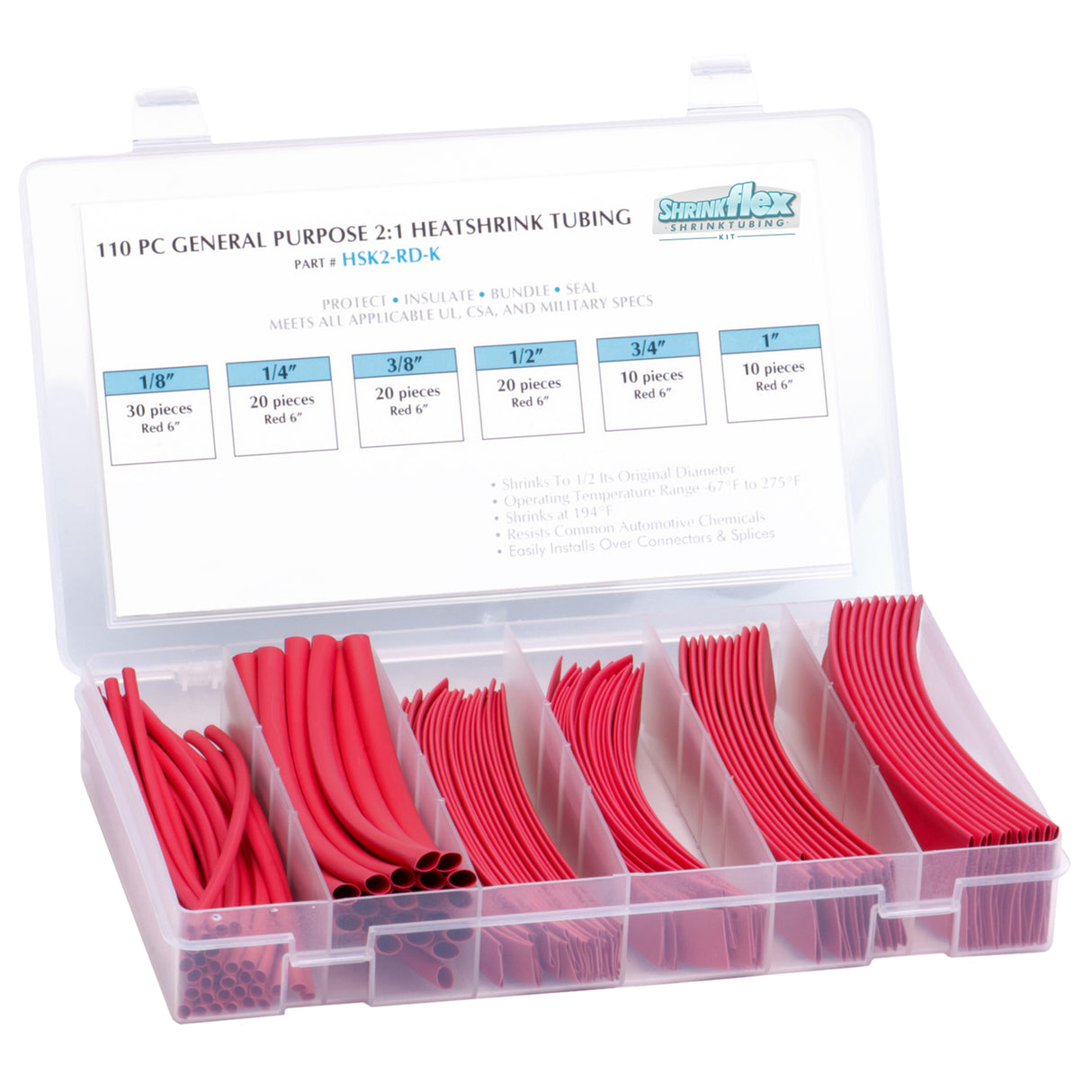 HSK2-RD-K - Shrinkflex® 2:1 Heatshrink Tubing Kit - 110 Pieces - 6" Cuts - 6 Sizes - Red