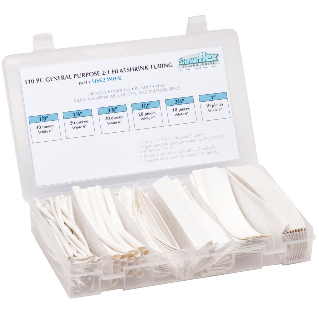 HSK2-WH-K - Shrinkflex® 2:1 Heatshrink Tubing Kit - 110 Pieces - 6" Cuts - 6 Sizes - White