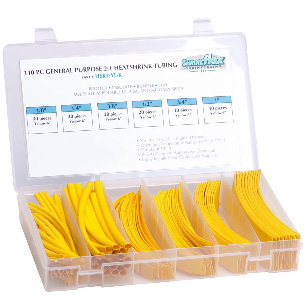 HSK2-YL-K - Shrinkflex® 2:1 Heatshrink Tubing Kit - 110 Pieces - 6" Cuts - 6 Sizes - Yellow