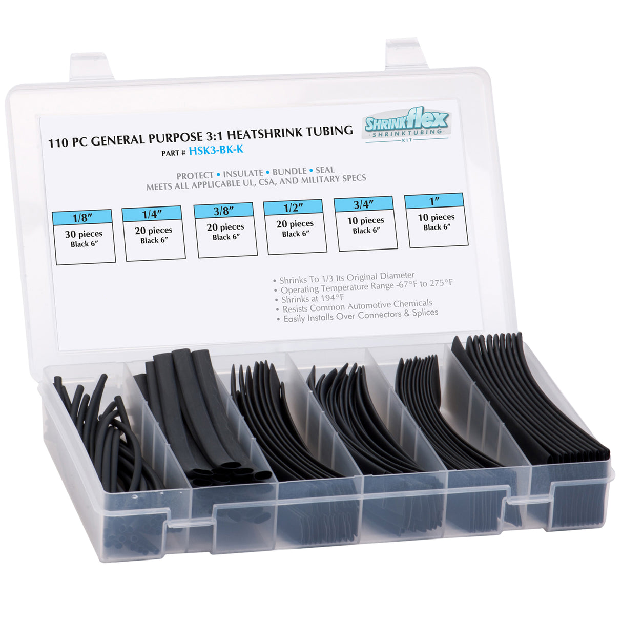 HSK3-BK-K - Shrinkflex® 3:1 Heatshrink Tubing Kit - 110 Pieces - 6" Cuts - 6 Sizes - Black