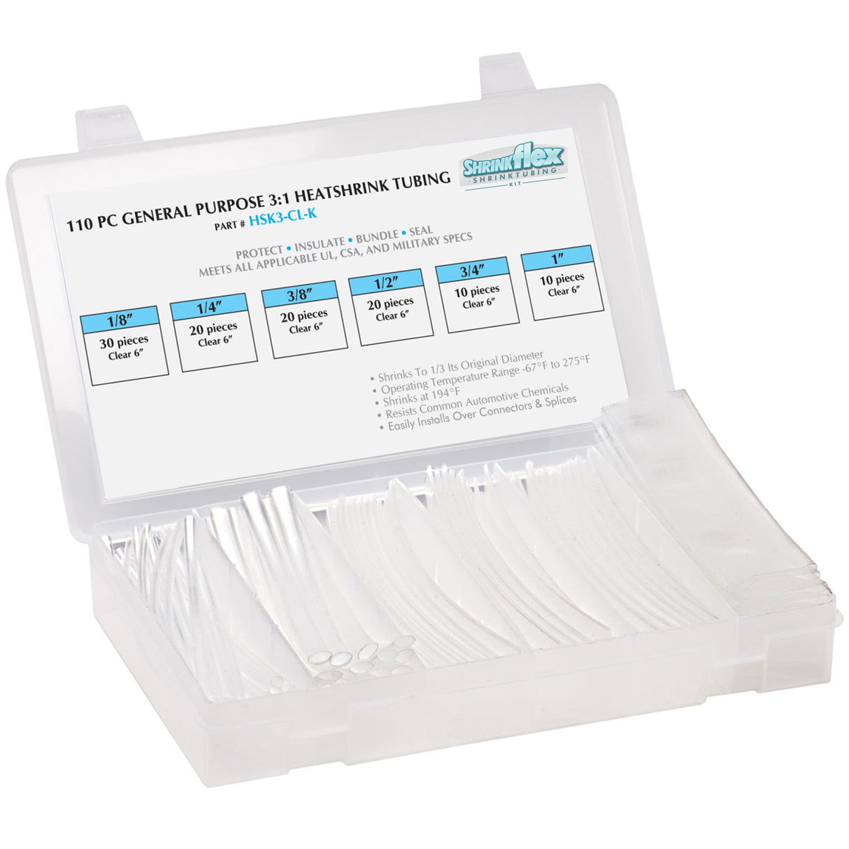 HSK3-CL-K - Shrinkflex® 3:1 Heatshrink Tubing Kit - 110 Pieces - 6" Cuts - 6 Sizes - Clear