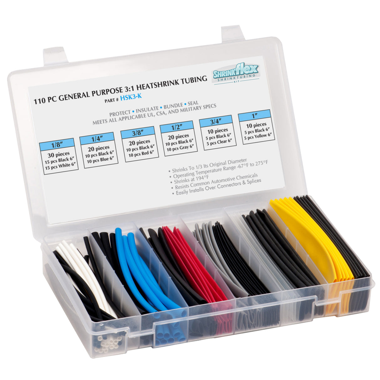 HSK3-K - Shrinkflex® 3:1 Heatshrink Tubing Kit - 110 Pieces - 6" Cuts - 6 Sizes - Multicolored