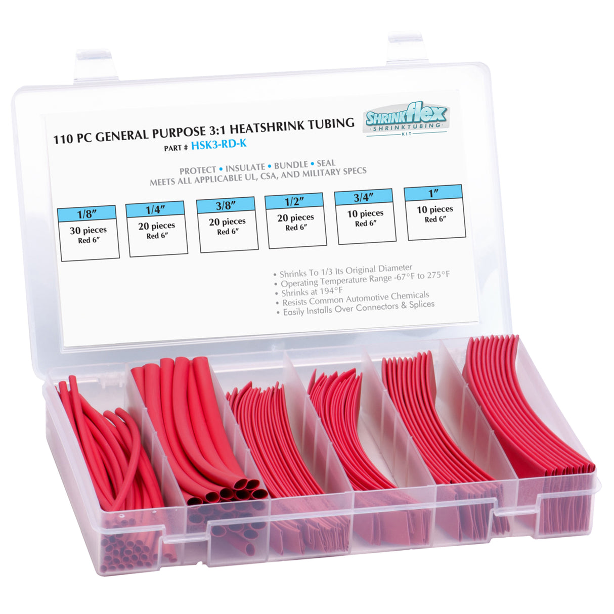 HSK3-RD-K - Shrinkflex® 3:1 Heatshrink Tubing Kit - 110 Pieces - 6" Cuts - 6 Sizes - Red