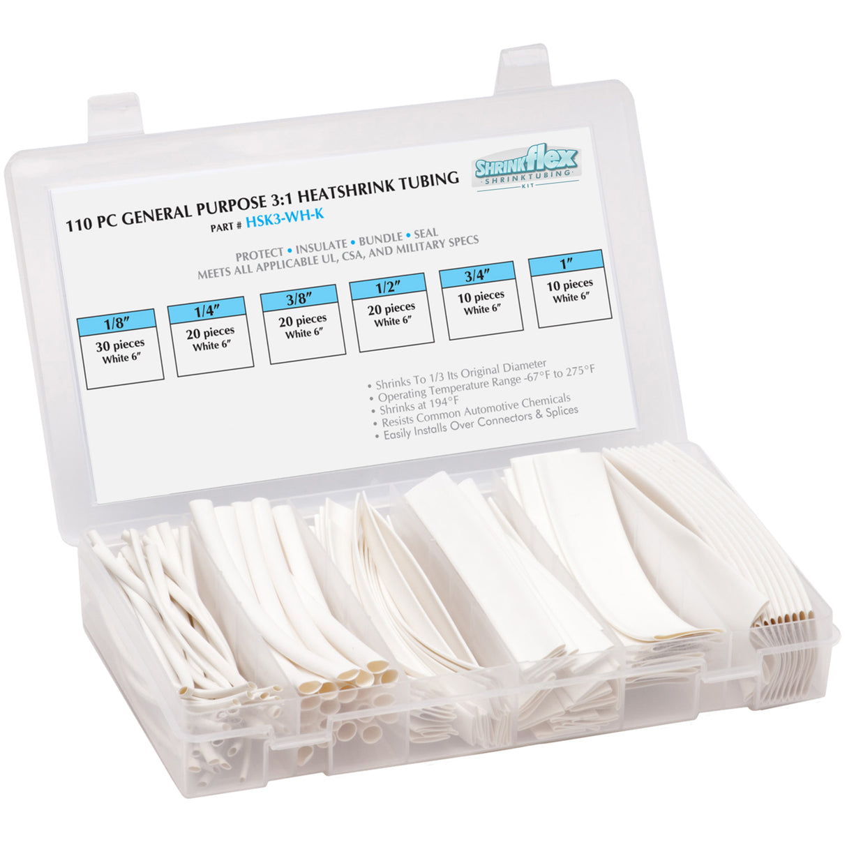 HSK3-WH-K - Shrinkflex® 3:1 Heatshrink Tubing Kit - 110 Pieces - 6" Cuts - 6 Sizes - White