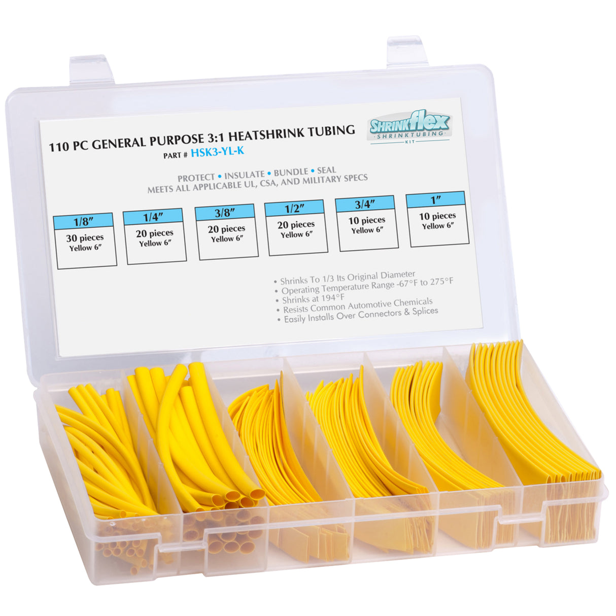 HSK3-YL-K - Shrinkflex® 3:1 Heatshrink Tubing Kit - 110 Pieces - 6" Cuts - 6 Sizes - Yellow